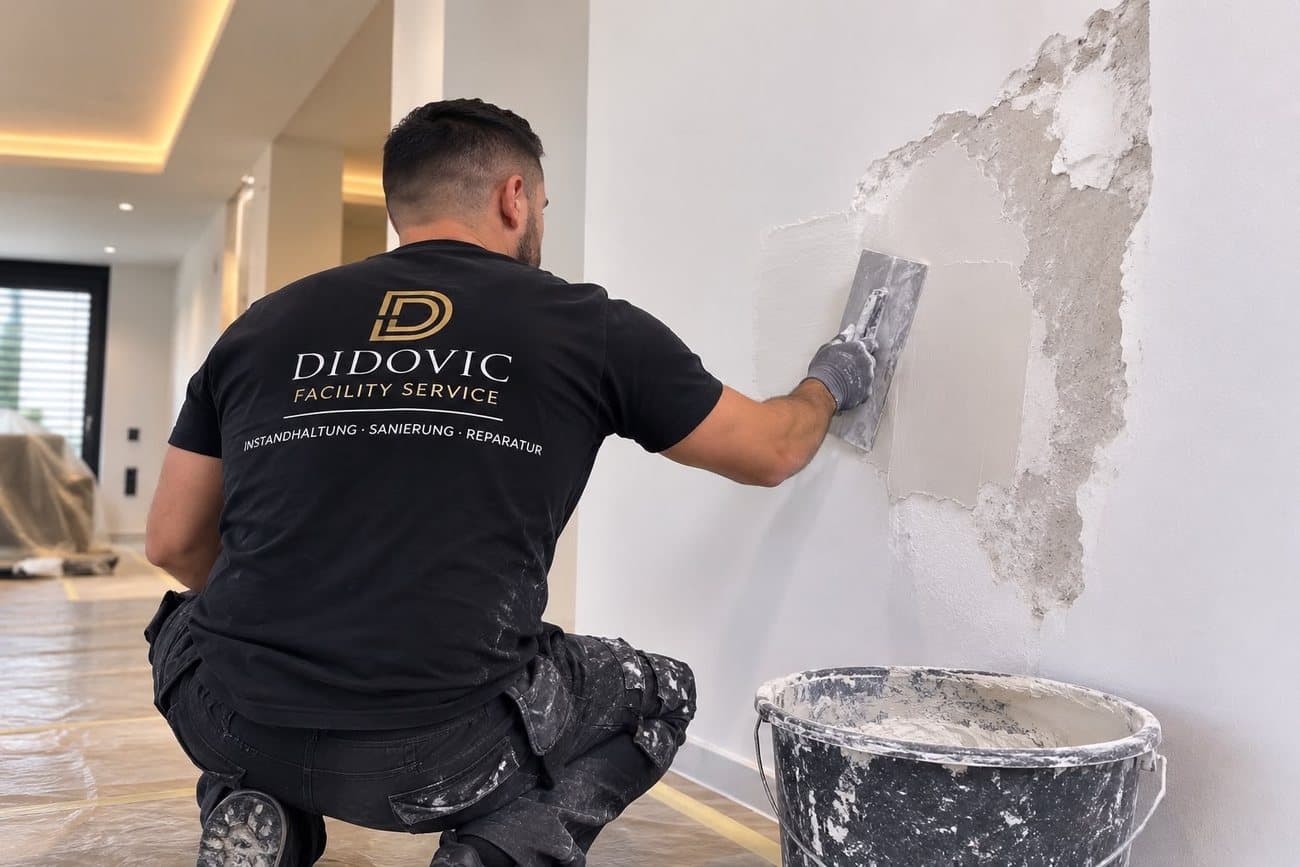 Ausbesserungsarbeiten an einer Wand, in Arbeitskleidung von Didovic Facility Service